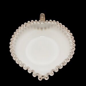 Fenton silver crest milk glass heart shaped nappy/candy dish with handle